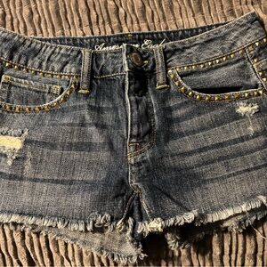 American Eagle Outfitters Blue Distressed Jean Shorts with Stud Trim